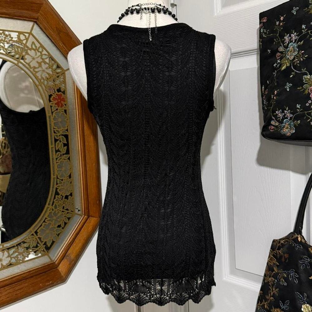 VTG Y2K Bette Sung Black Knit Crochet Overlay V Neck Form Fitting Fairy Top S - Picture 4 of 8